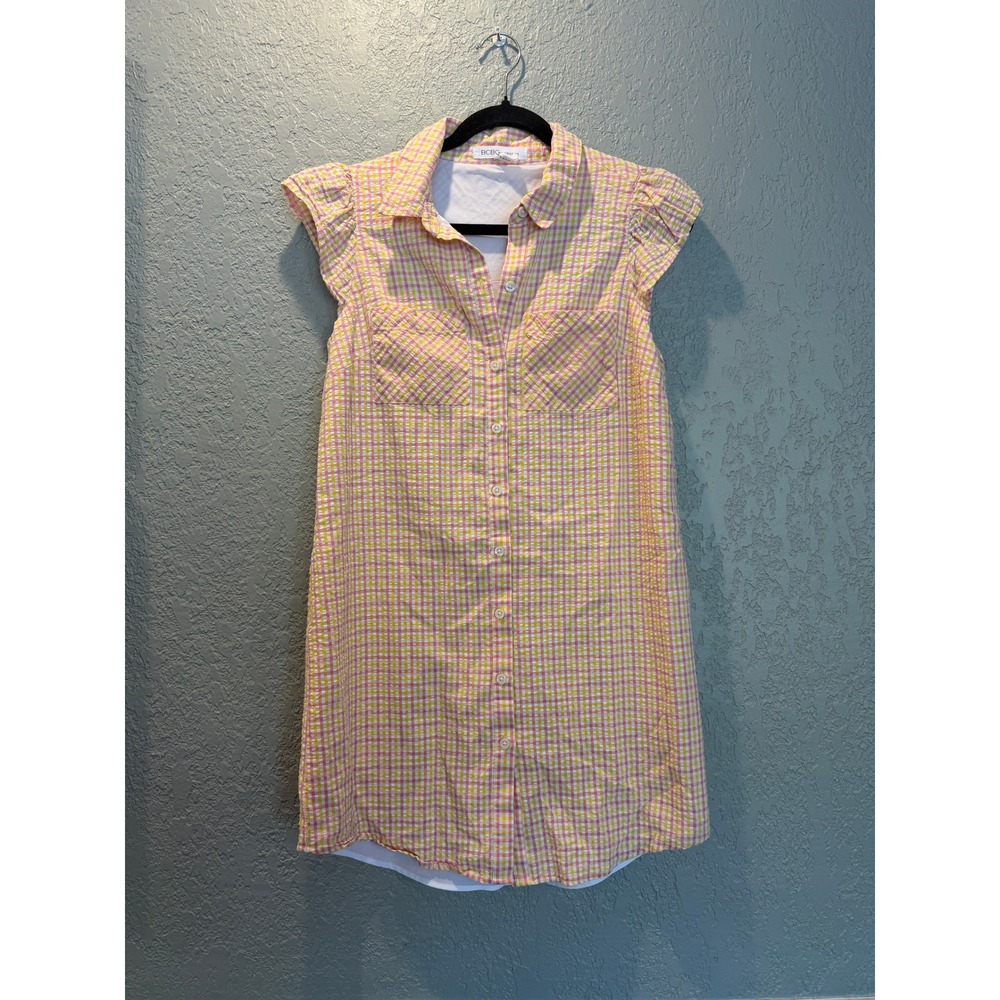 BCBGeneration Pink Yellow Gingham Seersucker Shirt Dress Cap Sleeve Small